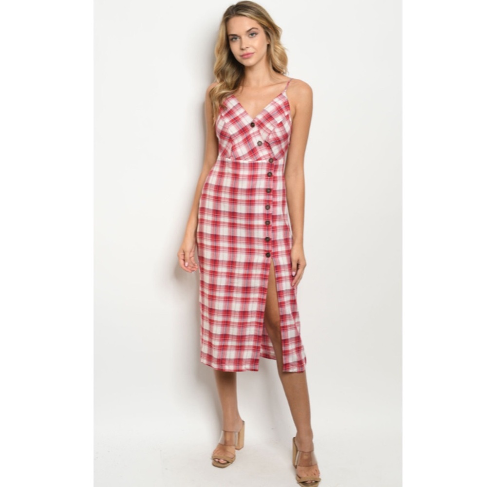 ✨JUST IN!✨retro Plaid Button Midi Slit pencil dress red white